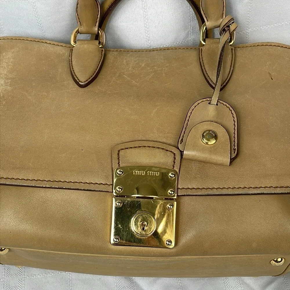 Miu Miu Vitello Leather Flap 2 Way Handbag Satchel Beige